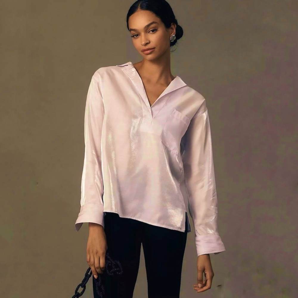 Anthropologie + Pilcro Oversized Long-Sleeve Shine Henley Blouse, NWT